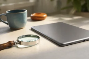 Magnifying glass beside a face-down tablet for the query is undetectable ai legit