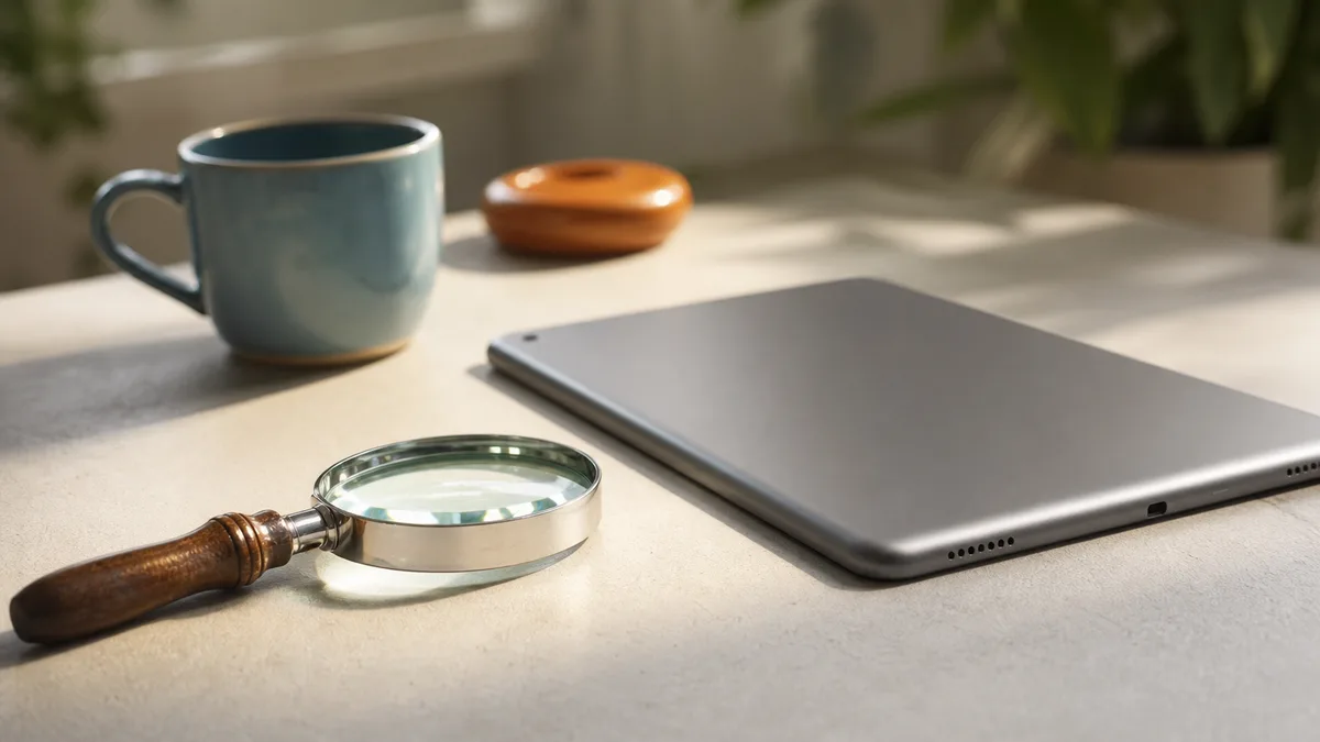 Magnifying glass beside a face-down tablet for the query is undetectable ai legit