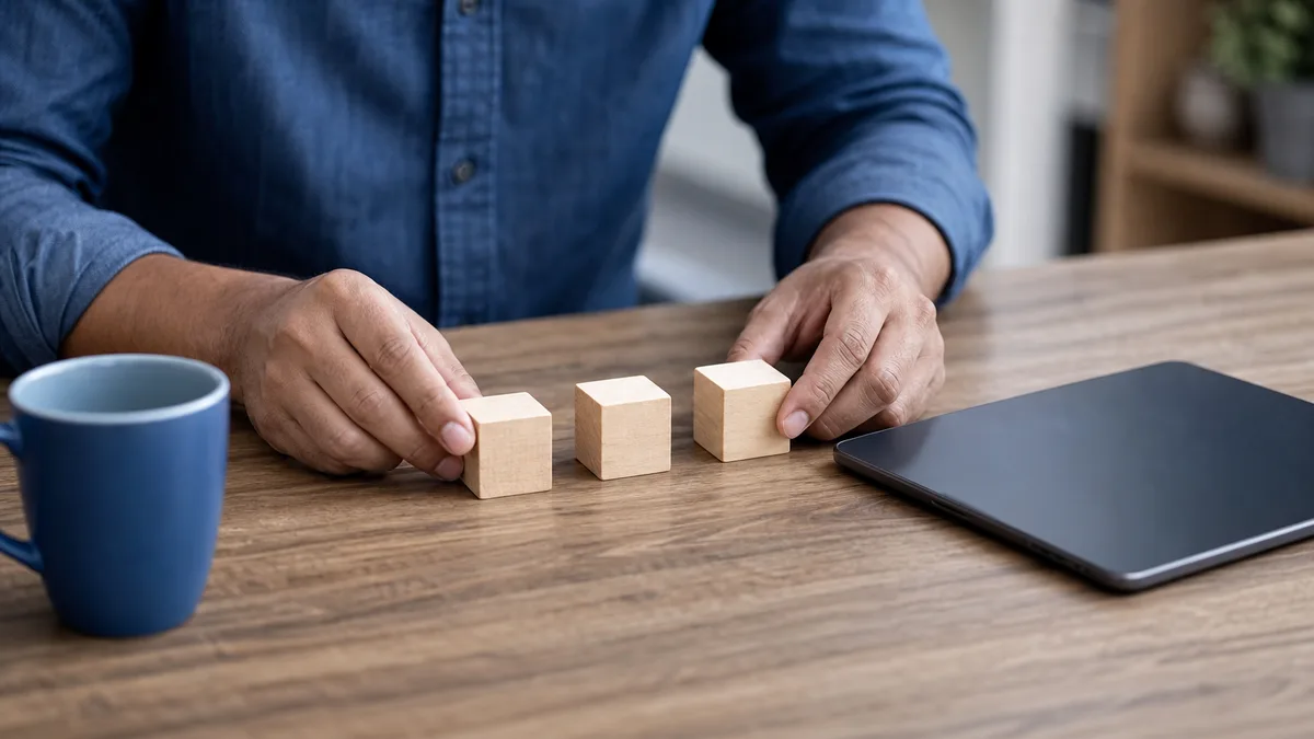 Hands arranging wooden blocks beside a face-down tablet test is undetectable ai legit claims.