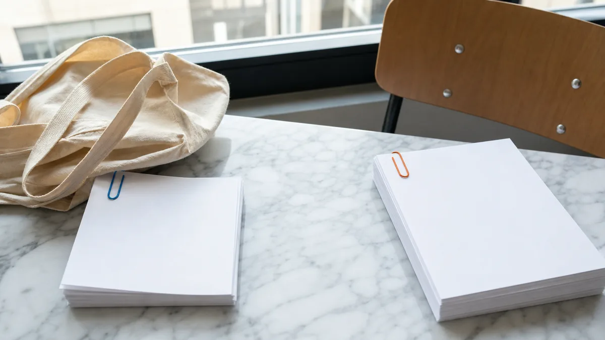 Blank paper stacks with paperclips show the Originality.ai vs Turnitin access gap for reviewers.