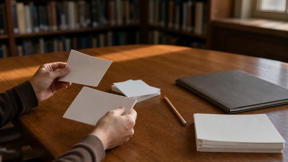 Hands sort blank cards in a library after an Originality.ai vs Turnitin score review.