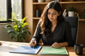 Writer reviewing Originality.ai vs Copyleaks notes on printed papers at a tidy office desk
