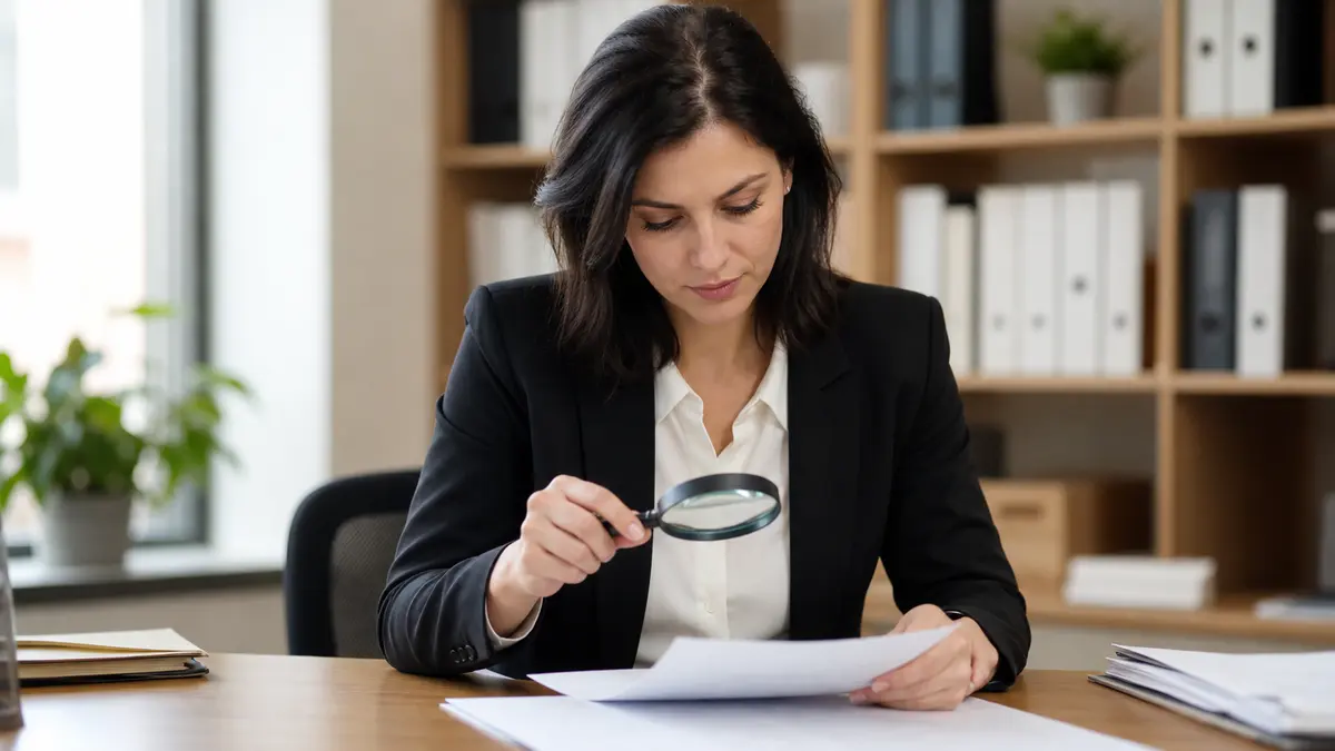 Content quality analyst using a magnifying glass to examine printed documents on a wooden desk in a bright modern office with natural lighting