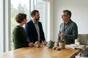 People discuss Scribbr AI Detector in a text-free consultation room with plants and ceramic cups