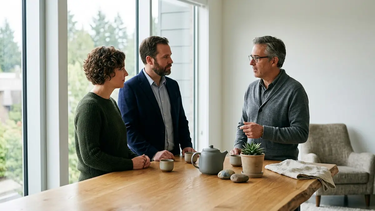 People discuss Scribbr AI Detector in a text-free consultation room with plants and ceramic cups