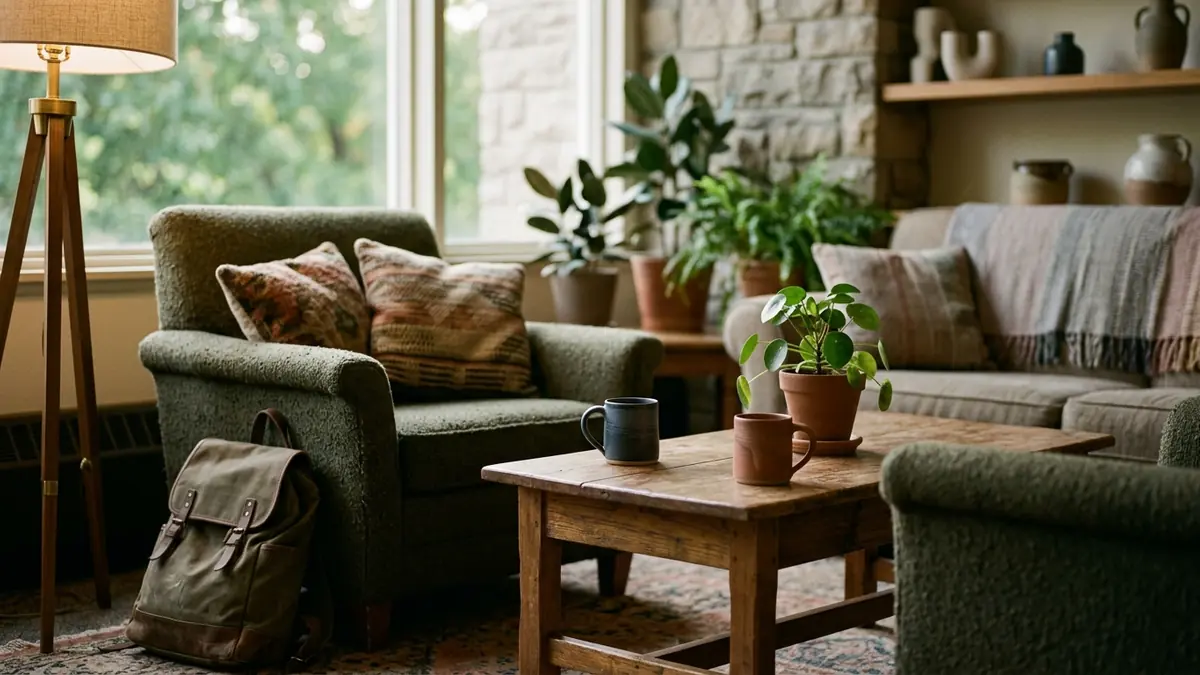 Quiet study lounge suggests Scribbr AI Detector decisions with unbranded backpacks, mugs, and plants