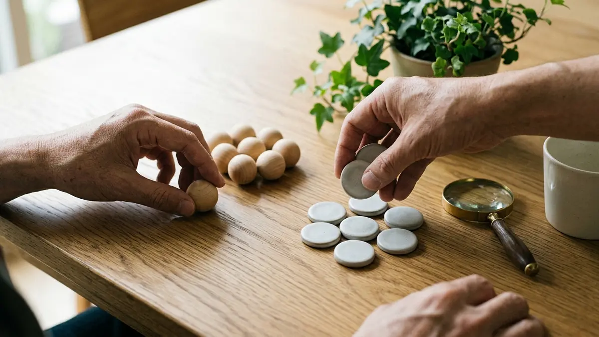 Hands compare plain tokens for Scribbr AI Detector review in a text-free tabletop scene