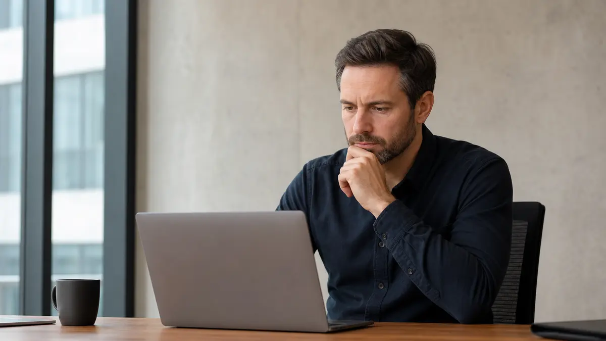 man examining StealthWriter AI detection analysis results on office laptop