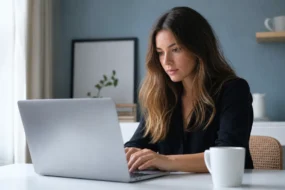 woman reviewing StealthWriter AI humanizer results on laptop at home desk