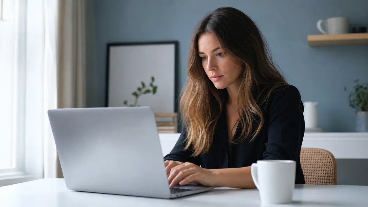 woman reviewing StealthWriter AI humanizer results on laptop at home desk