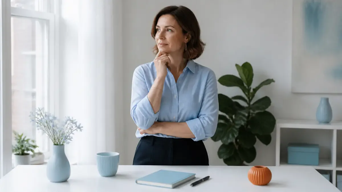 Writer considering a StealthWriter review workflow in a calm blue editorial workspace