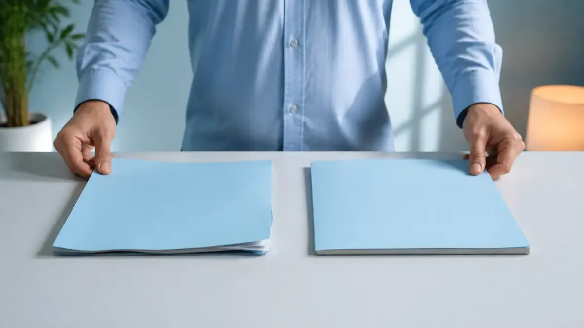 Two blank folders compare StealthWriter review outcomes after a second score check