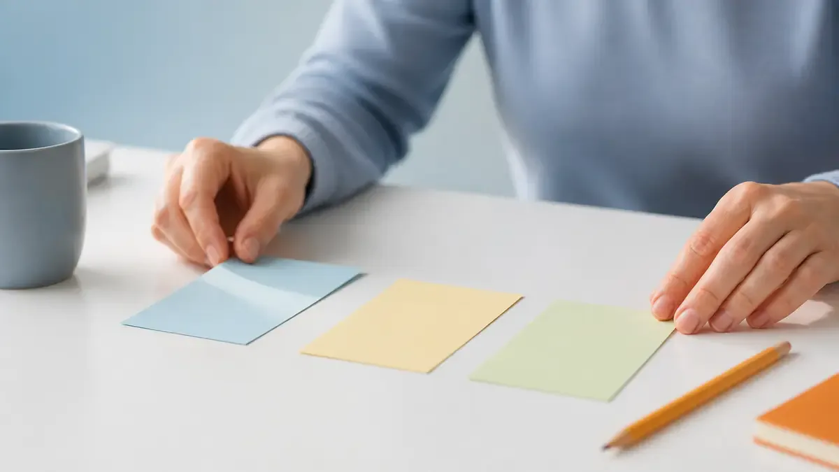 Hands arranging blank cards for a StealthWriter review testing process before checking rewritten text
