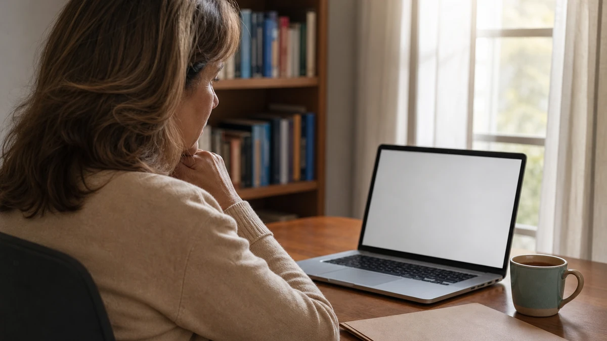 Instructor reviewing student work on a laptop in a quiet faculty office, illustrating where the Turnitin AI Writing Report appears for educators.