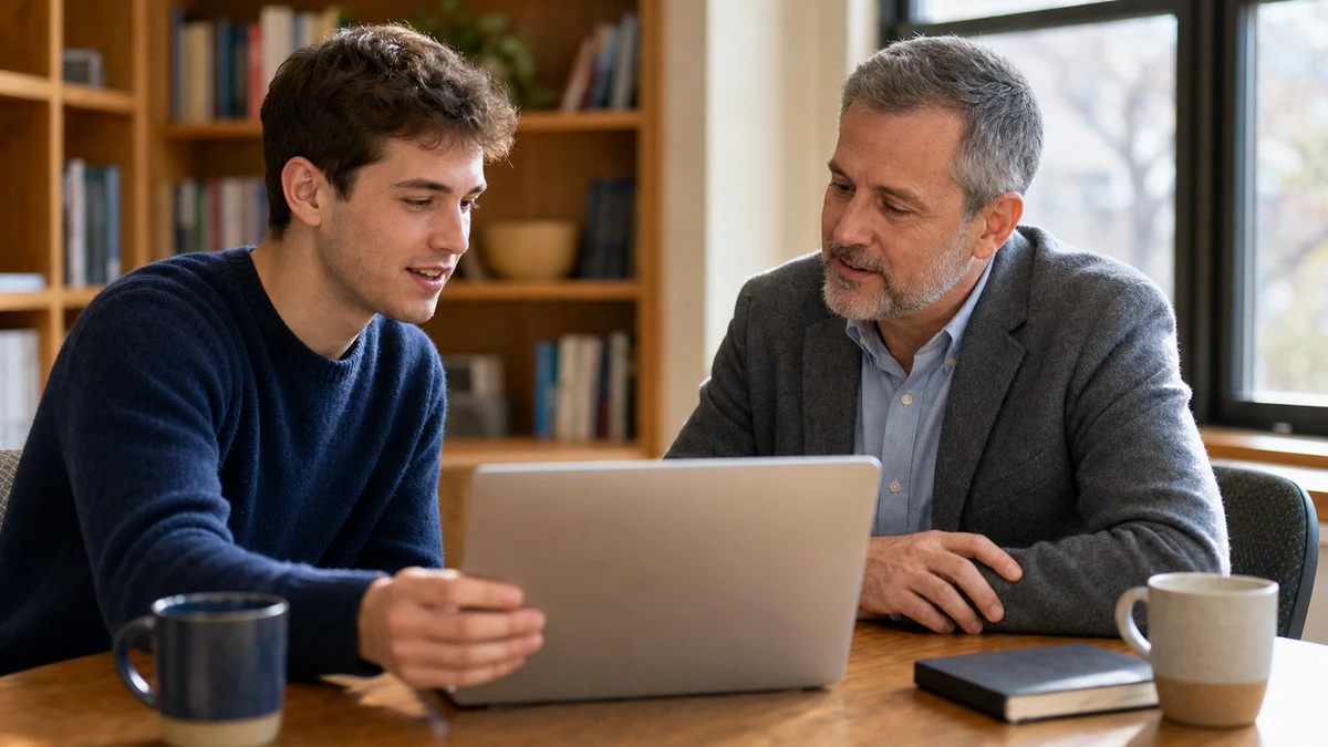 Student and professor sitting across a table looking at a laptop together during a calm office conversation about a flagged paper.