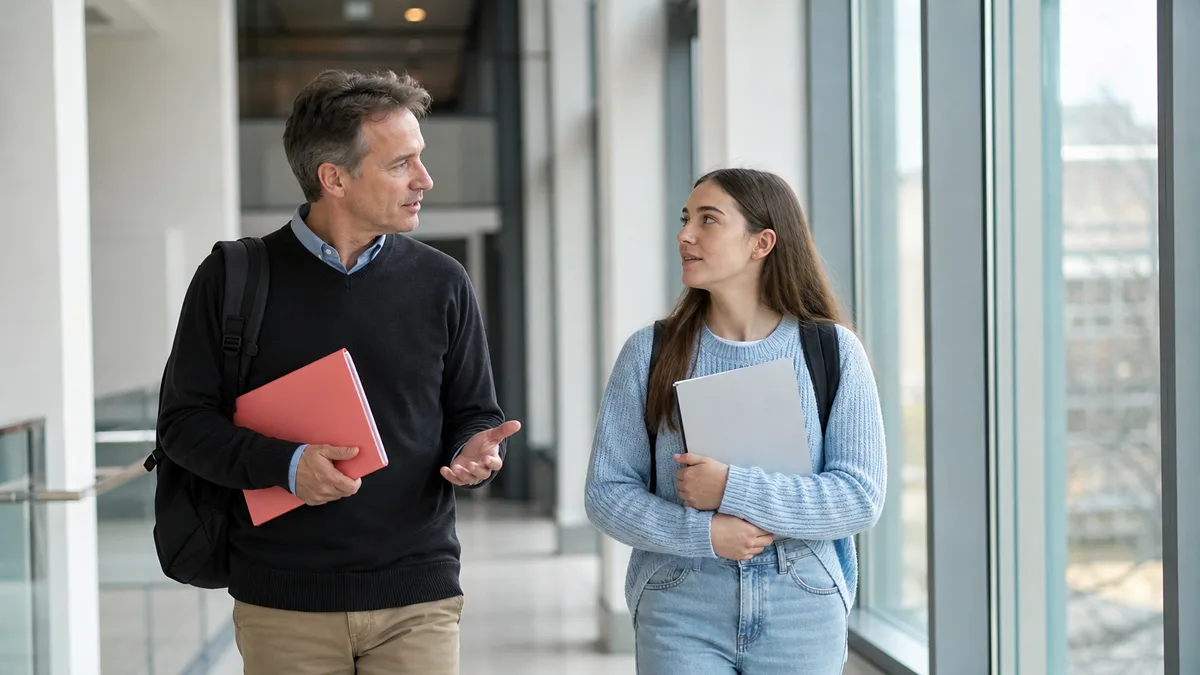 Teacher and student walk through a bright campus corridor discussing what AI checker do teachers use.