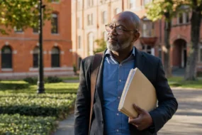 Professor carrying folders through a sunlit university courtyard for a winston ai review.