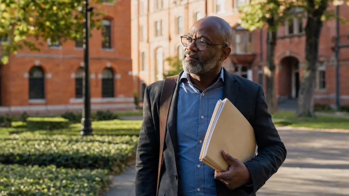 Professor carrying folders through a sunlit university courtyard for a winston ai review.