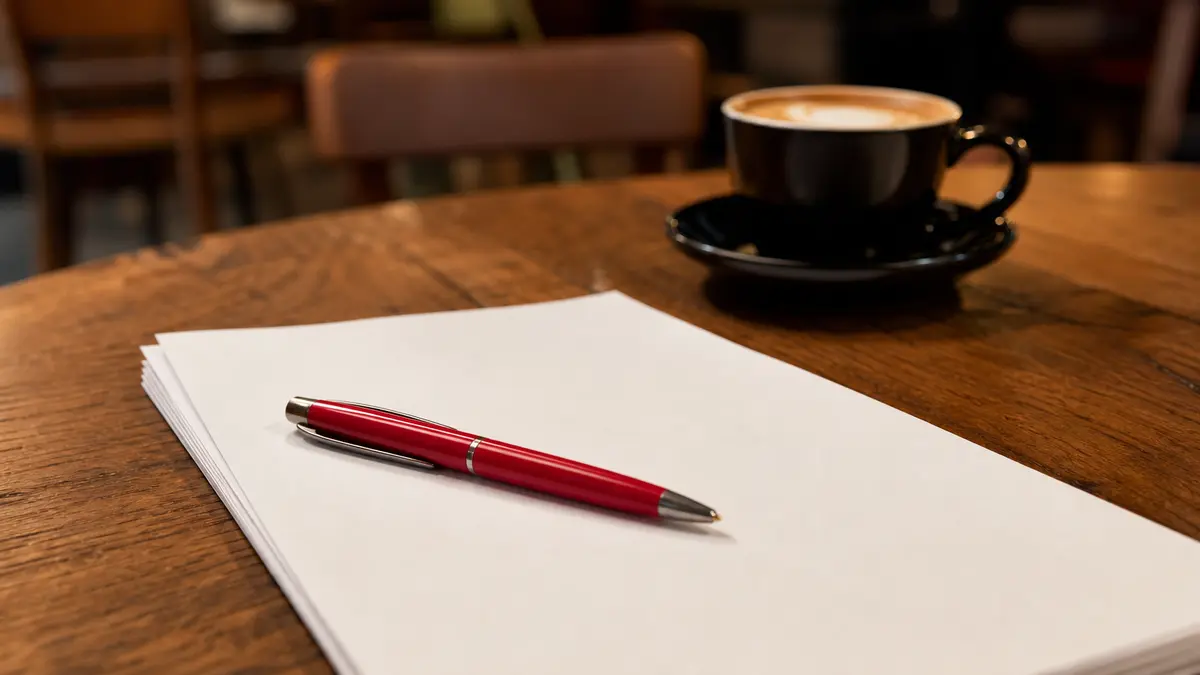 Red pen on a printed essay beside a latte for a winston ai review.