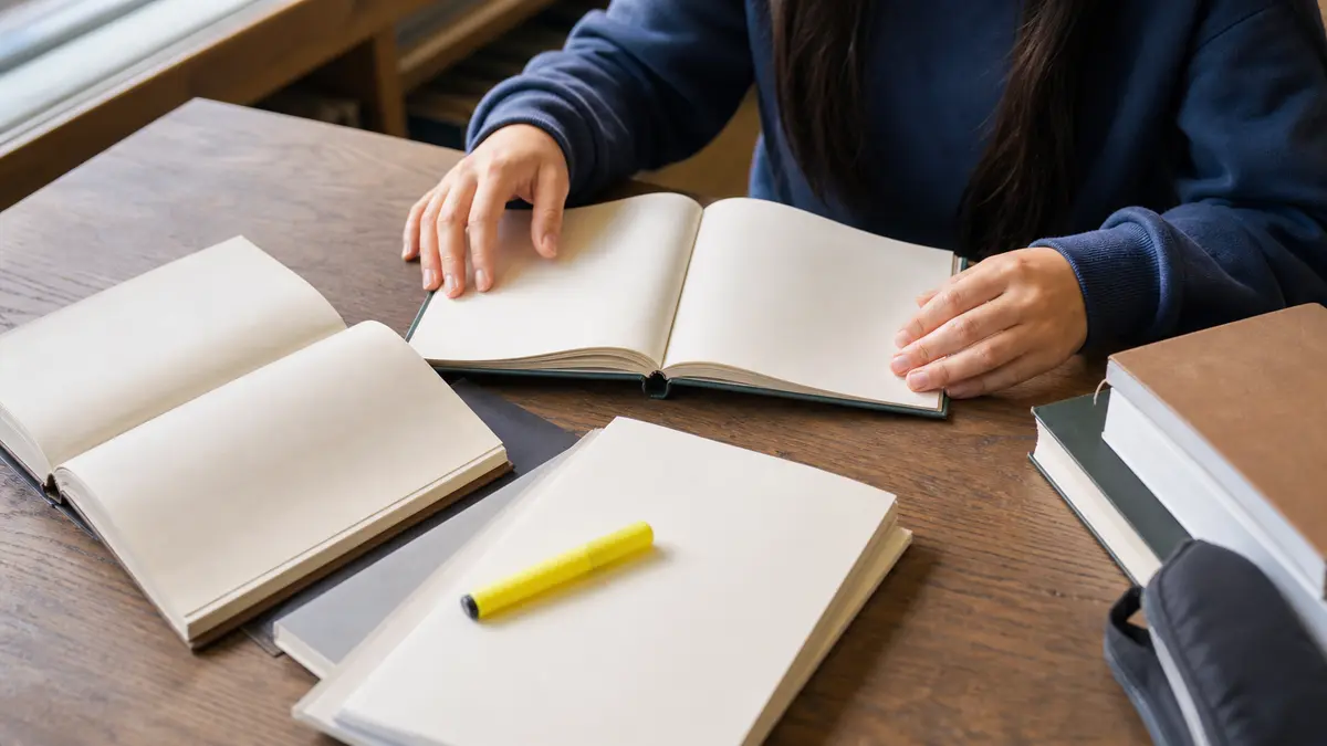 Student hands arrange study materials at a library desk during a winston ai review.