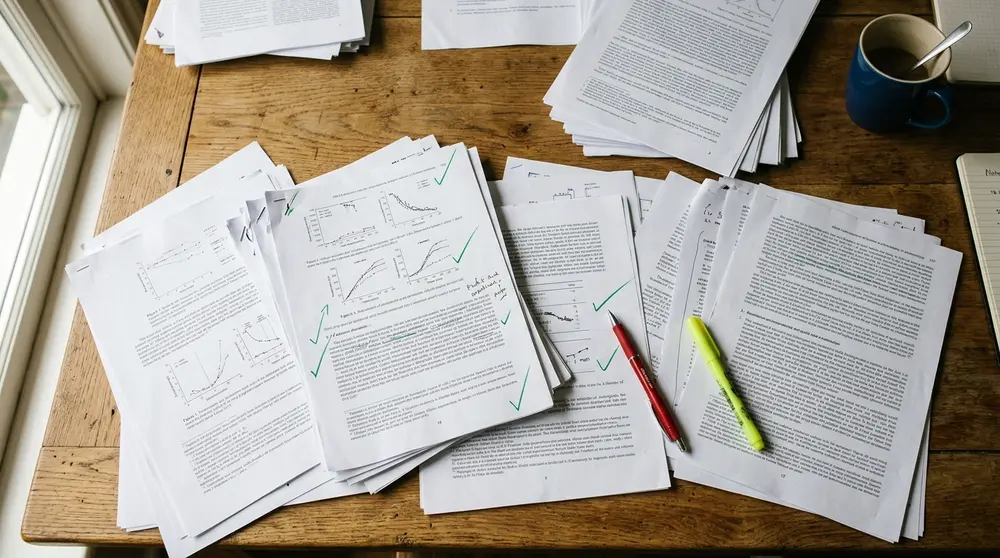 Academic papers being reviewed for AI detection accuracy testing