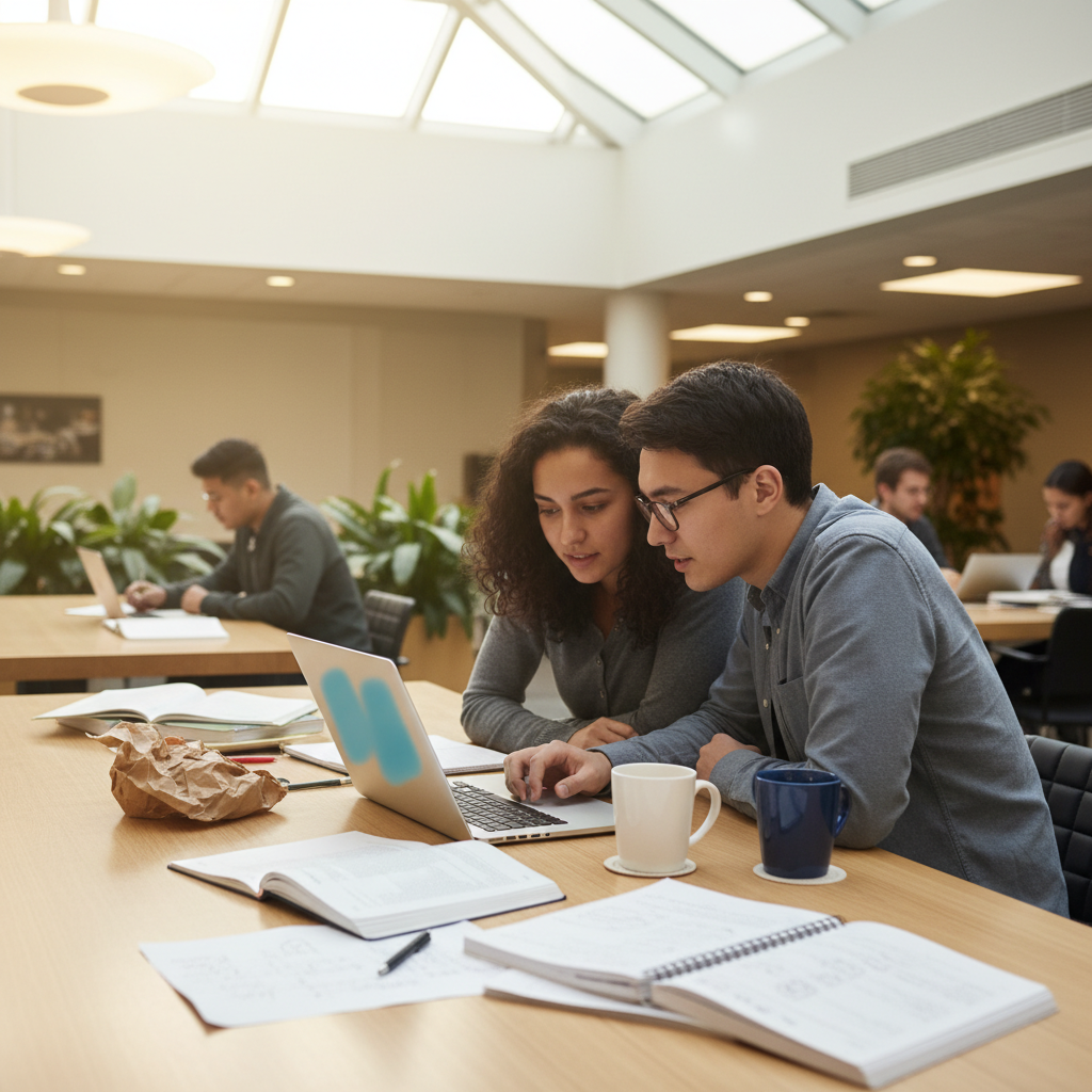 Two university students collaborating on a laptop in a modern campus study space with notebooks and coffee