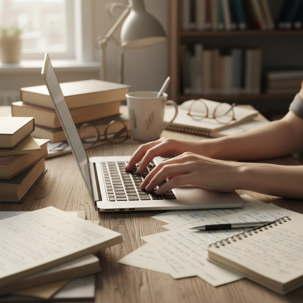 Close-up of hands typing on laptop keyboard with handwritten notes and papers spread across a wooden desk