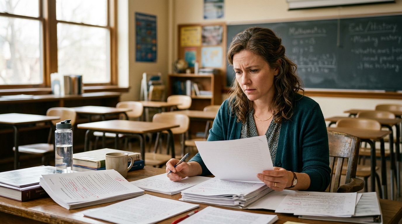Teacher reviewing student essays for AI detection in classroom setting