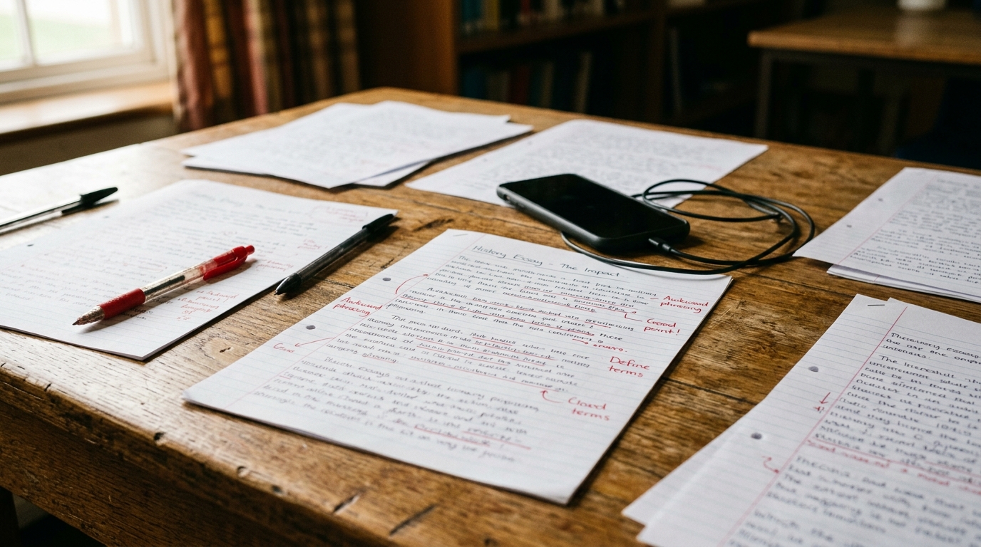 Teacher reviewing student essays for AI detection in classroom setting