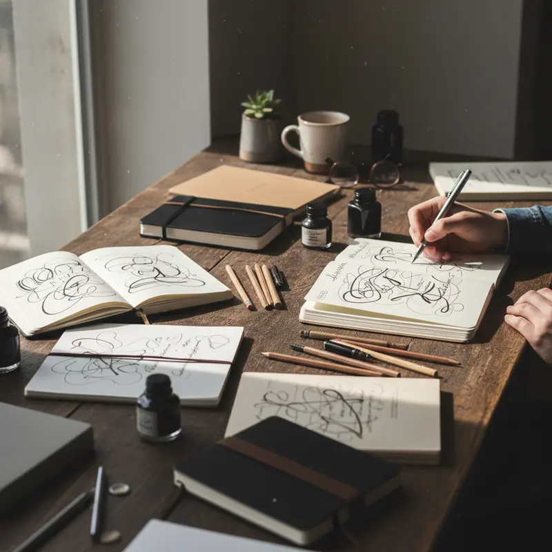 Creative workspace with notebooks representing human writing versus AI text generation patterns.