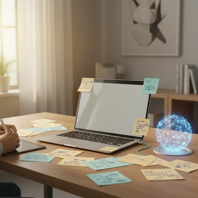 Modern desk with laptop and papers representing the intersection of human creativity and AI analysis tools.