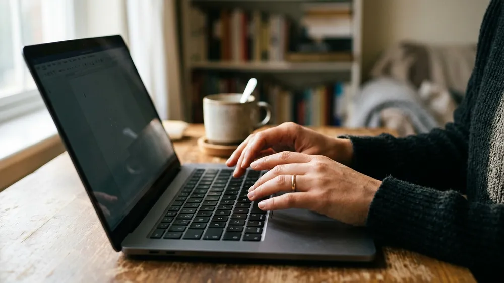 Person typing on laptop keyboard with natural window light