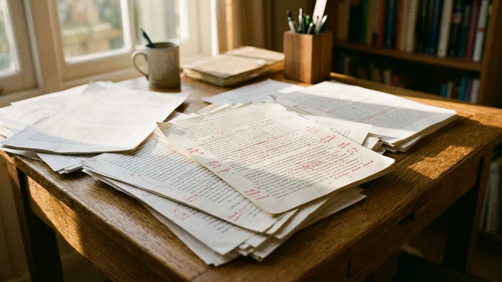 Academic papers with handwritten annotations on wooden desk
