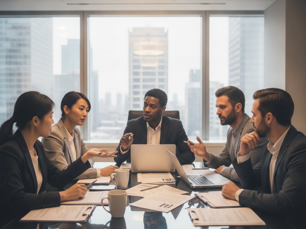 Hiring team reviewing resumes with AI detection tools during a candidate screening meeting