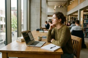University student working at laptop in modern library with natural window light editorial photo