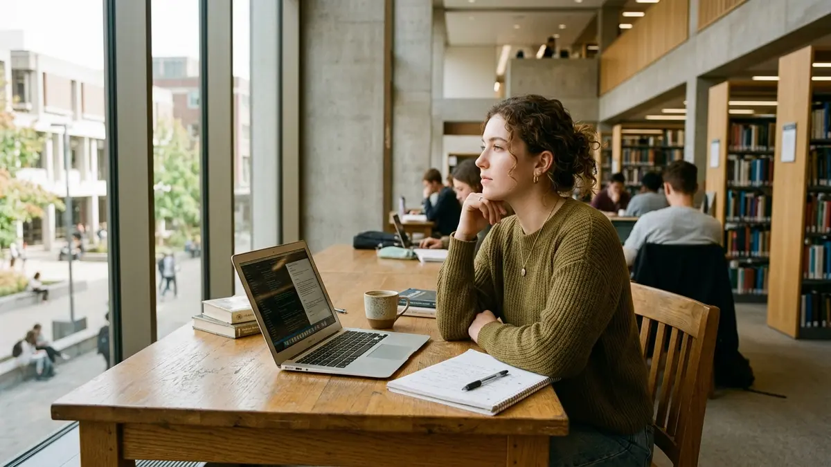 University student working at laptop in modern library with natural window light editorial photo