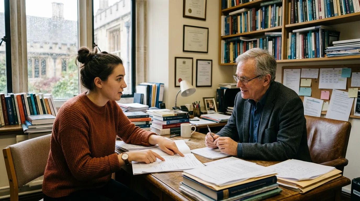 Student discussing AI detection accusation with professor in university office
