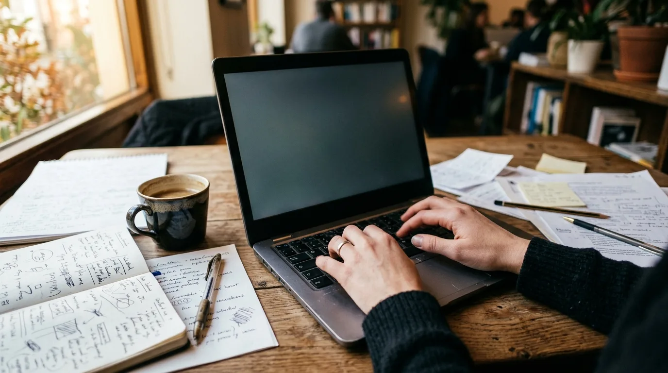 Hands typing on laptop with handwritten notes and research papers on wooden desk