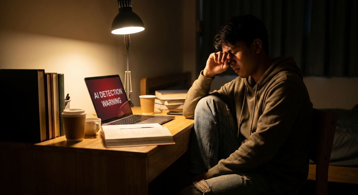 International student at desk late at night seeing AI detection warning on laptop screen