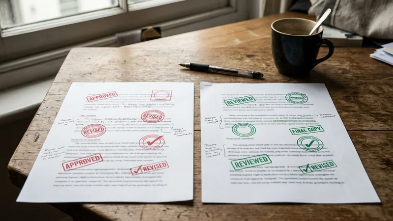 Human vs AI writing comparison showing red and green marked papers