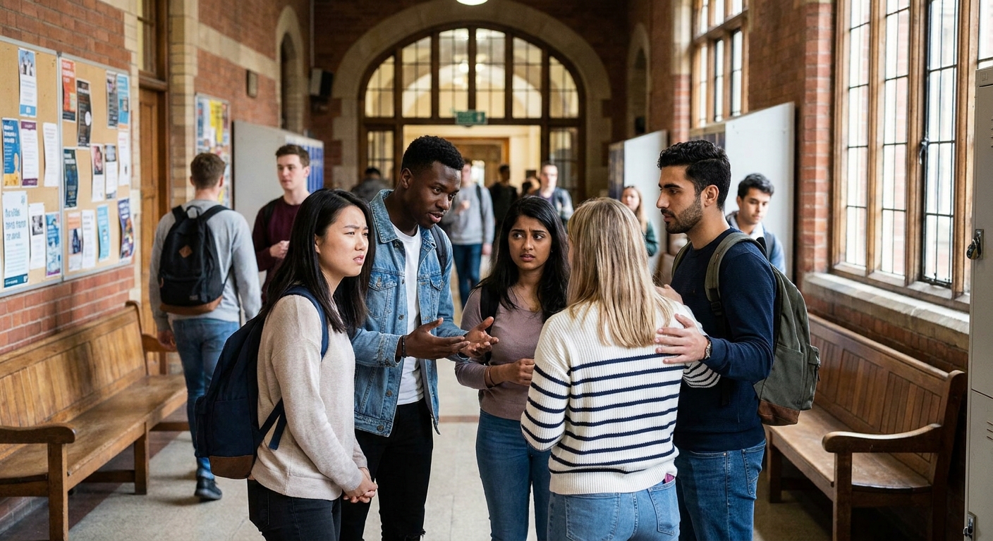 Diverse group of international students talking in a university hallway about AI detection concerns