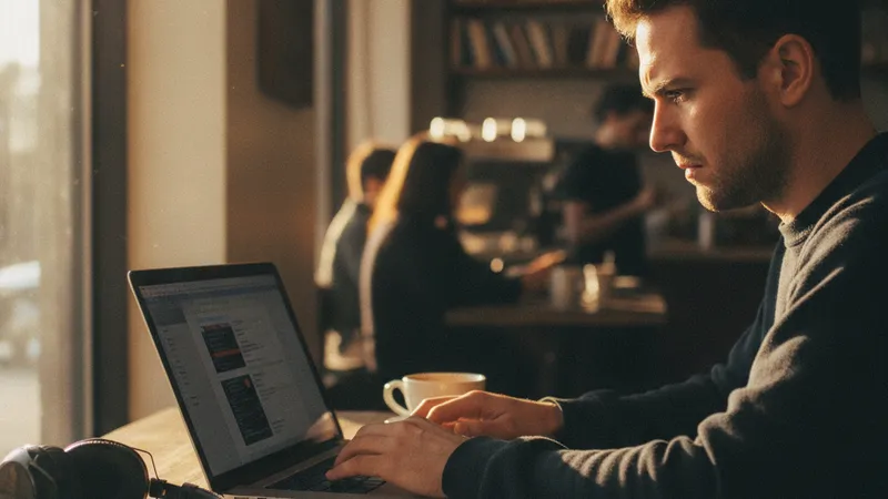 Person manually editing text on laptop at coffee shop with warm natural light
