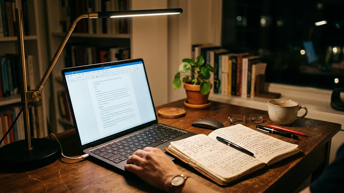 Workspace with laptop and handwritten editing notes for humanizing AI text
