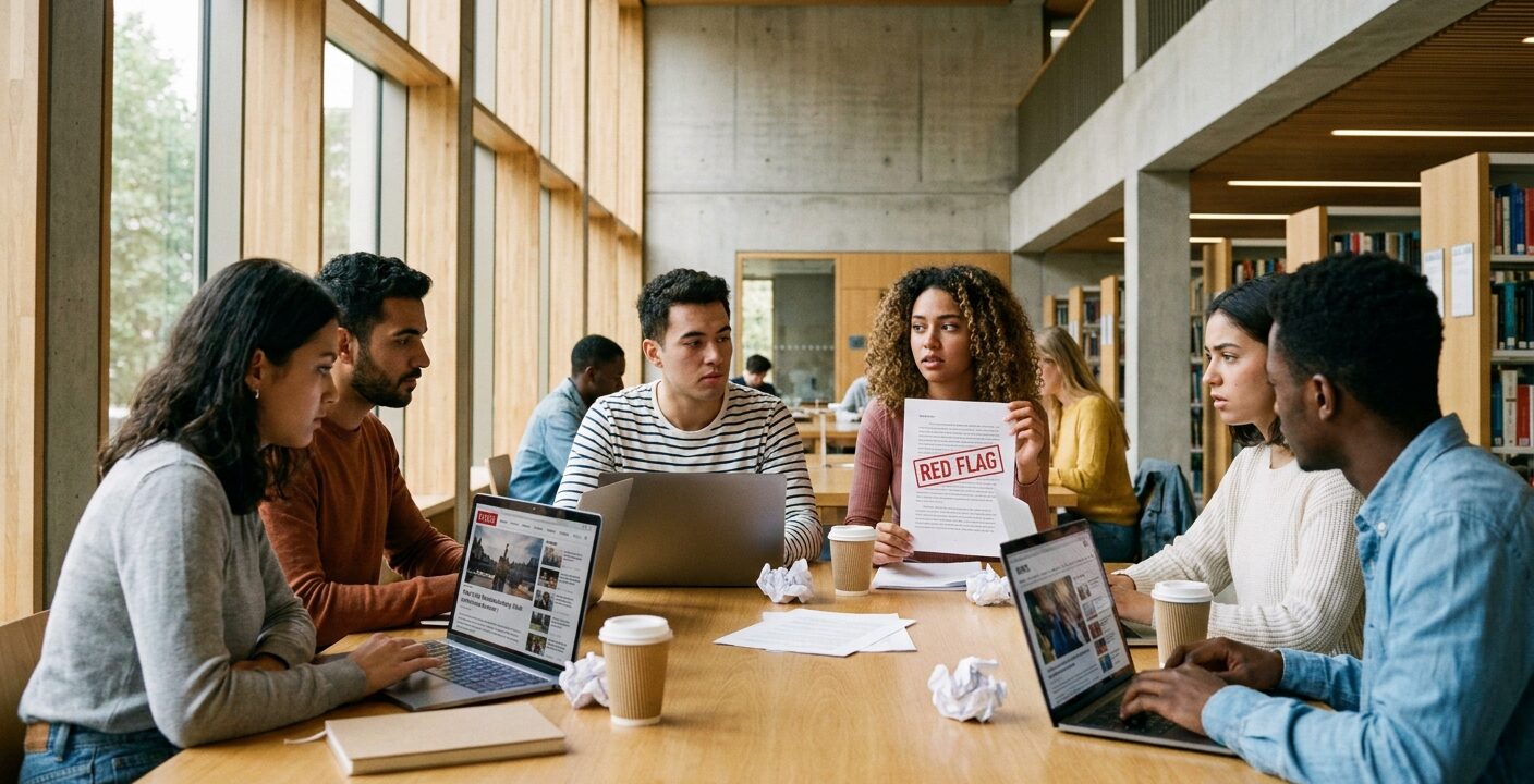 Diverse group of international university students in a modern library looking at laptop screens with concern about AI detection