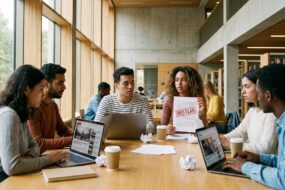 Diverse group of international university students in a modern library looking at laptop screens with concern about AI detection