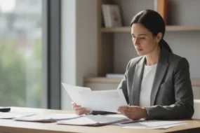 Professional reviewing documents at modern desk with natural lighting