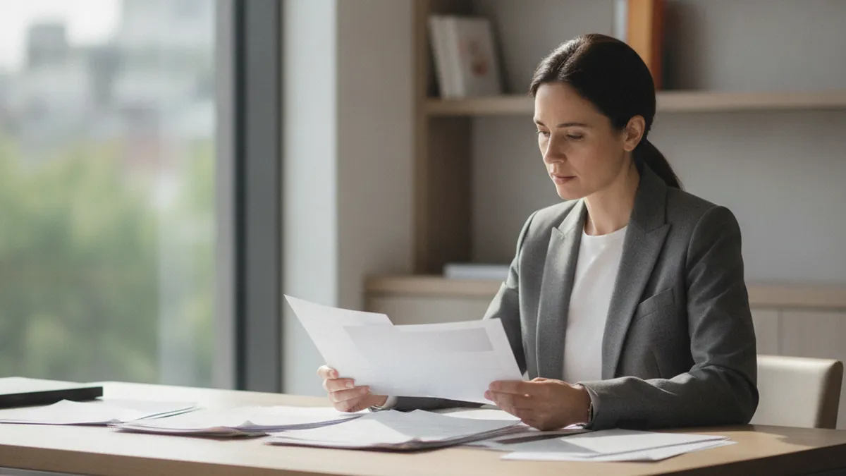 Professional reviewing documents at modern desk with natural lighting
