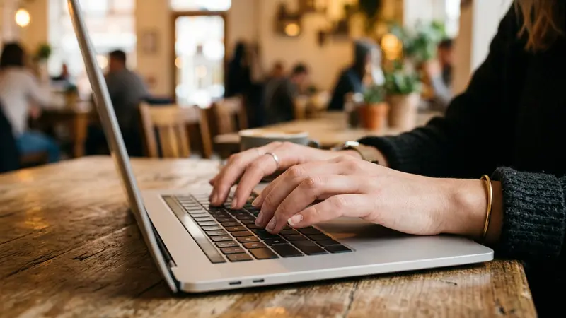 Close up of hands typing on a laptop keyboard in coffee shop setting with natural light