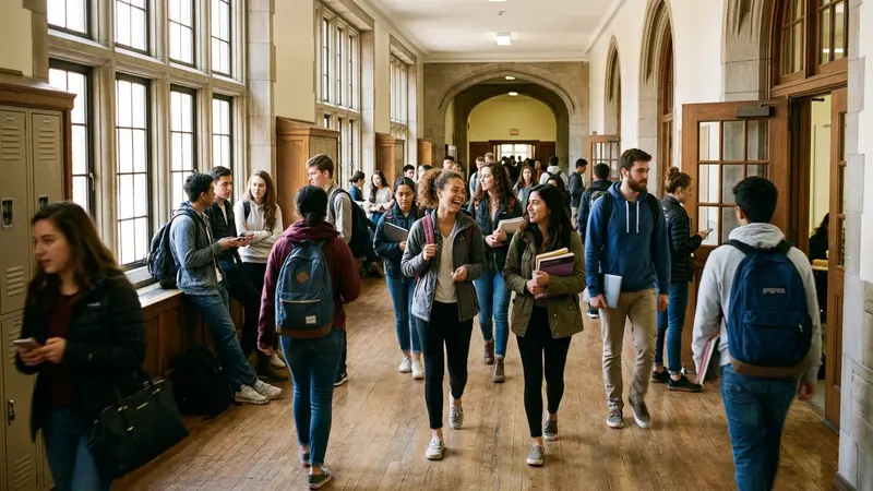 University hallway with students walking between classes in natural sunlight documentary style photo