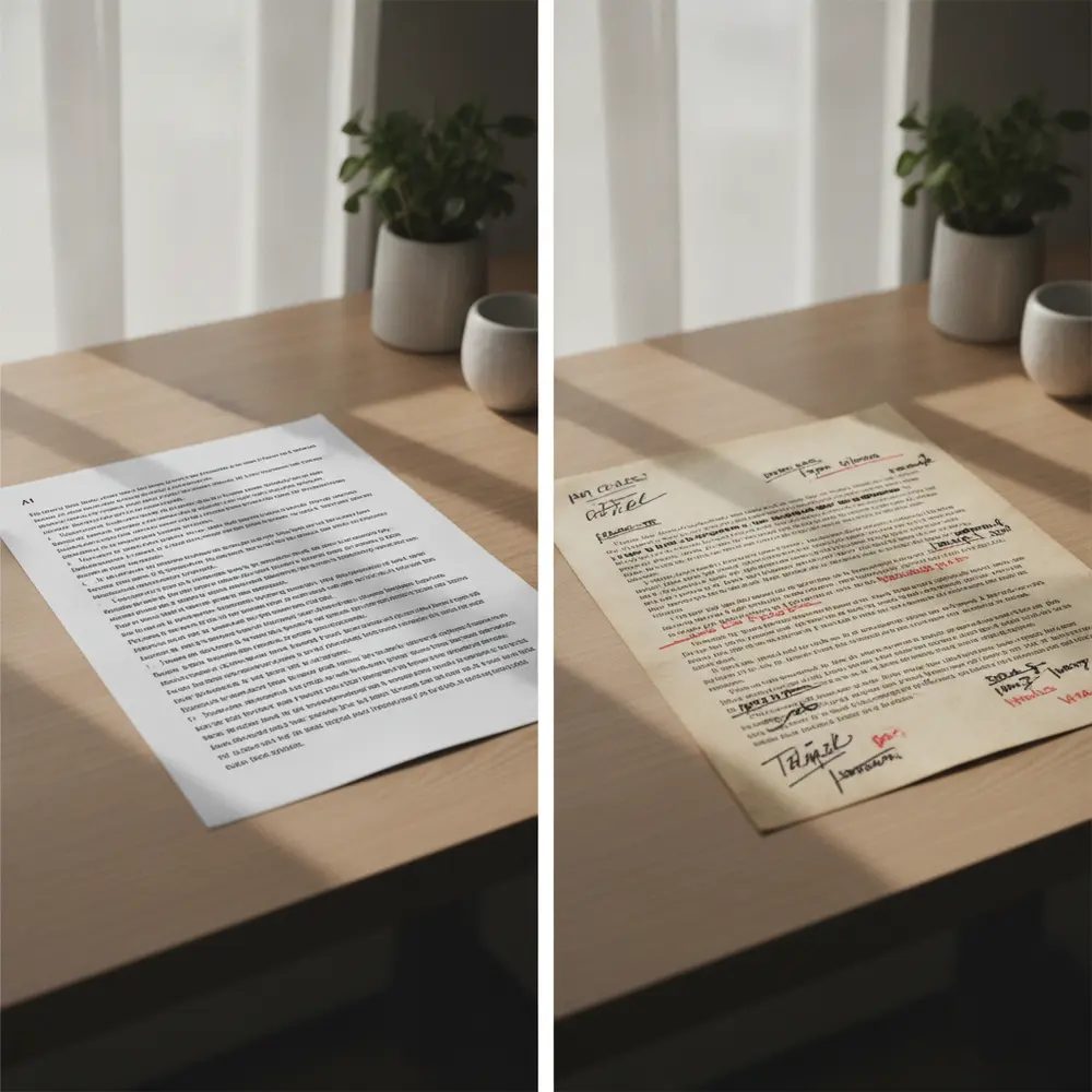 Split screen comparison of AI writing versus human writing patterns on a desk